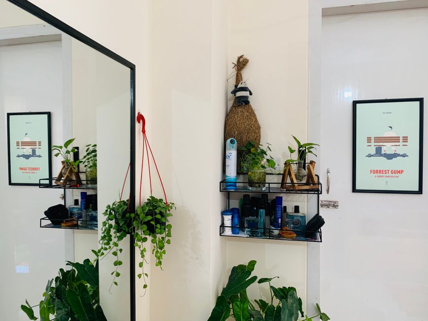 Hangplanten met strandposters in moderne badkamer.